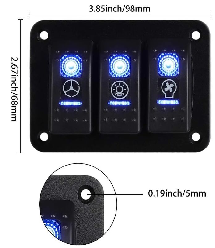 DC 12V 24V μπλε LED φως πίσω 3 Gang αλουμίνιο 5 πιν ON Off Πίνακα διακόπτη