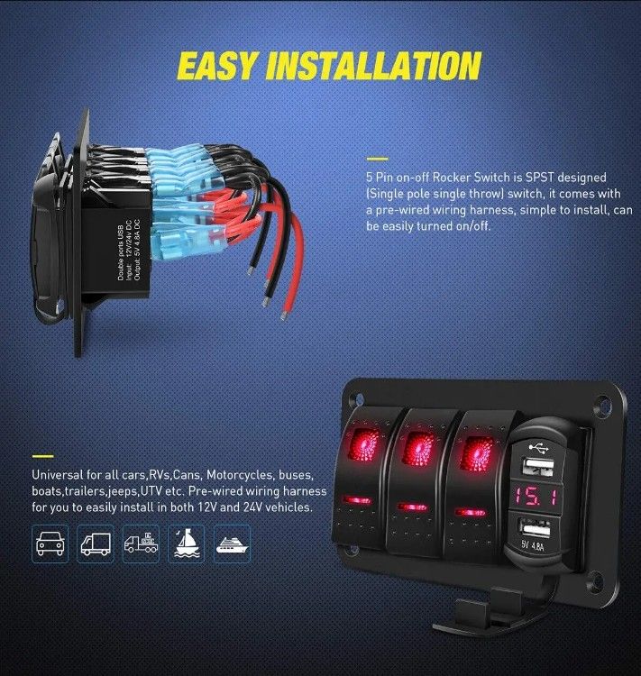 DC12V 24V 3 Gang Red LED Light Rocker Πίνακα διακόπτη κουτί με διπλό 4.8A USB φορτιστή Voltmeter Για αυτοκίνητα Ναυτικά φορτηγά Βάρκες