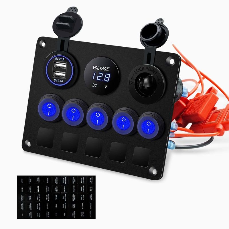 Πίνακα διακόπτη 5 Gang Waterproof Rocker με διπλή πρίζα USB με μπλε φώτα LED