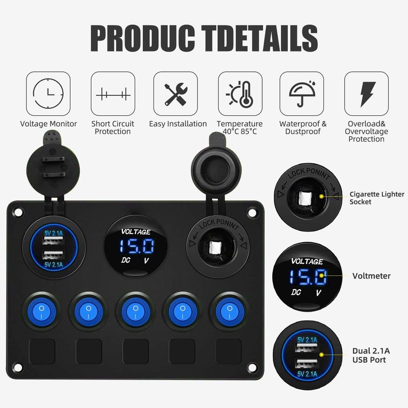 Πίνακα διακόπτη 5 Gang Waterproof Rocker με διπλή πρίζα USB με μπλε φώτα LED