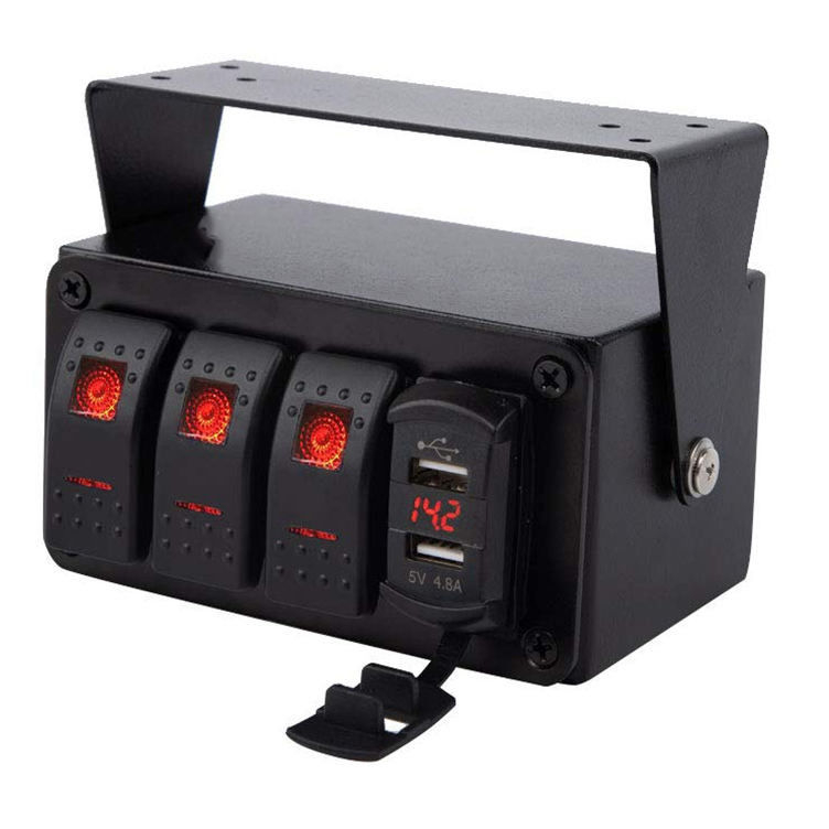 DC12V 24V 3 Gang Red LED Light Rocker Κουτί διακόπτη με διπλό φορτιστή USB 4.8A