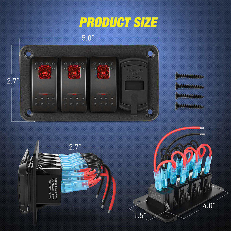 DC12V 24V 3 Gang Red LED Light Rocker Κουτί διακόπτη με διπλό φορτιστή USB 4.8A